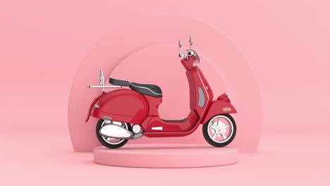 4k resolution video: red classic vintage retro or electric scooter rotating over pink cylinders products stage pedestal on a pink background loop animation