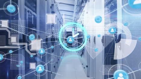 animation of network of connection with icons and clock over server room