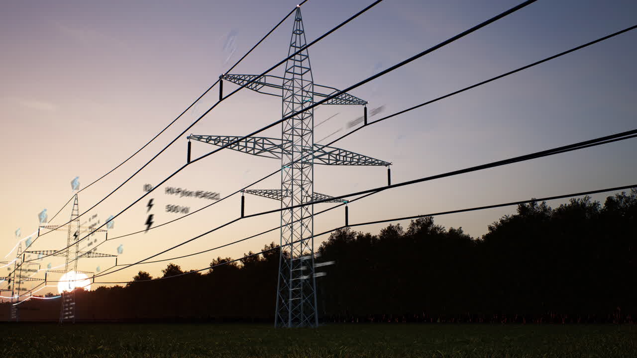 AR data of energy travelling through transfer lines over sunset horizon sky