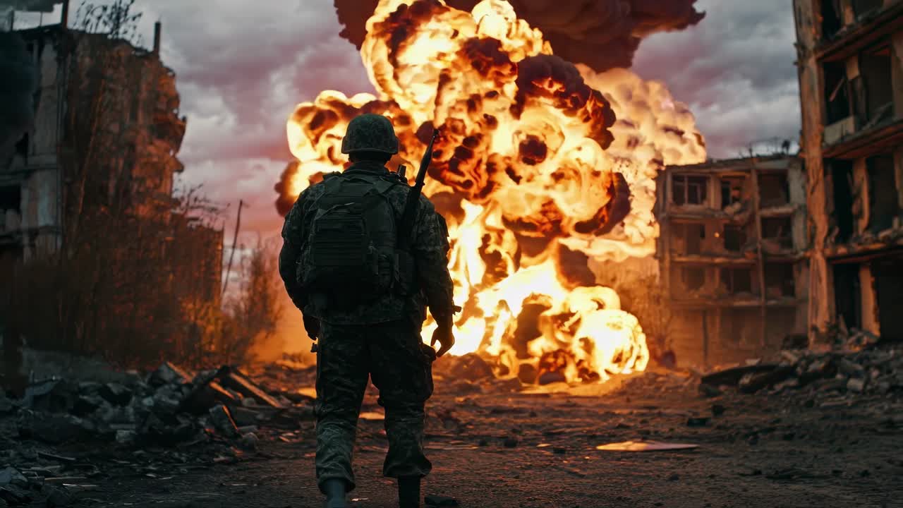 Scena video drammatica di un soldato che osserva un'esplosione in uno scenario urbano devastato dalla guerra