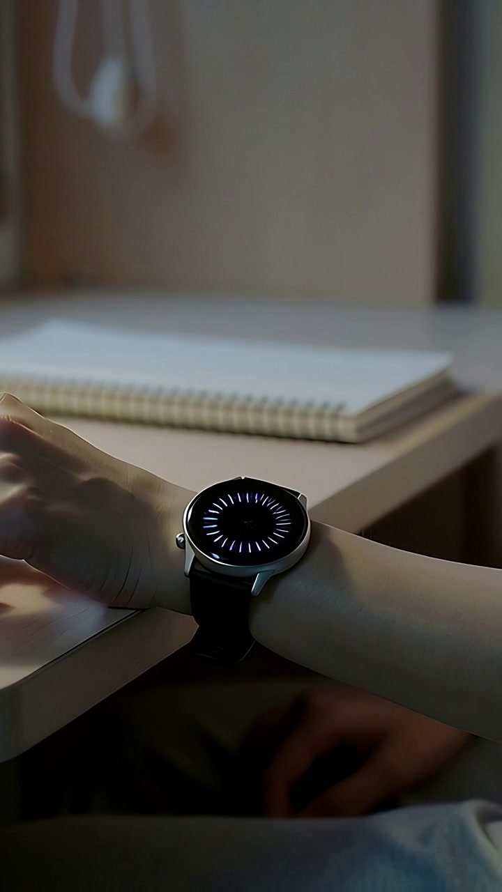 Vertical video: Placing left wrist, woman in short tee lighting up smartwatch at desk with notebook