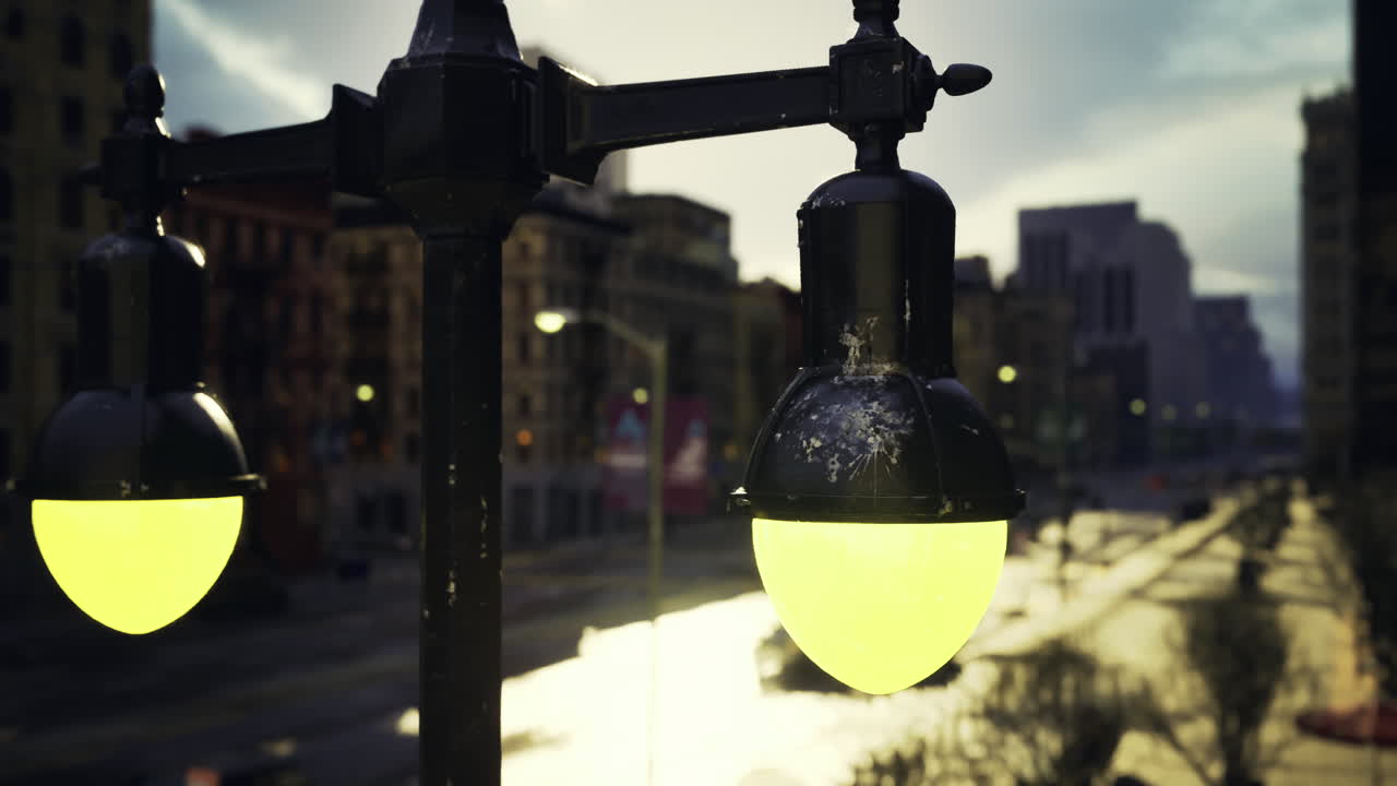 Streetlights illuminate a cityscape at dusk with a vibrant glow