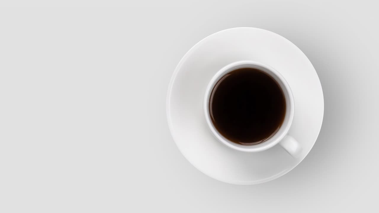 taza de café con espresso caliente animado en un fondo gris y blanco vista superior. bucle sin costuras de comida y bebida 3d realistas. arte de diseño de movimiento mínimo con espacio de copia