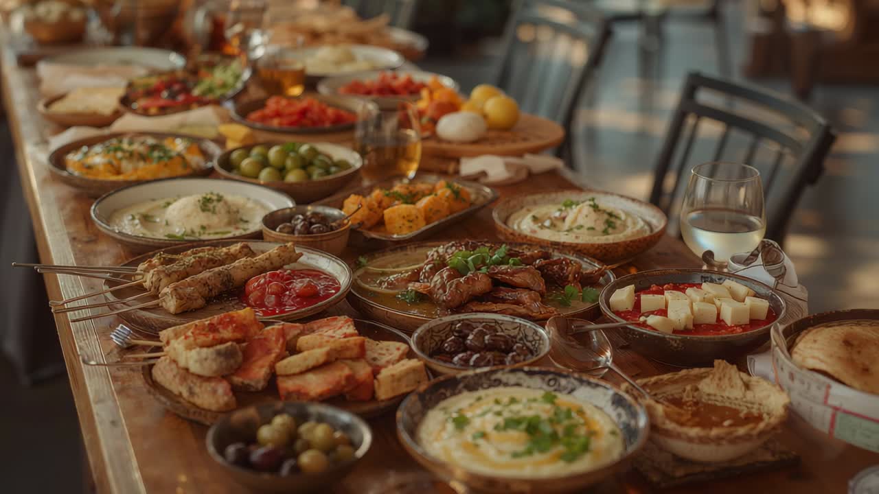 Pulling camera revealing long wooden table of small dishes at restaurant, highlighting grilled meat