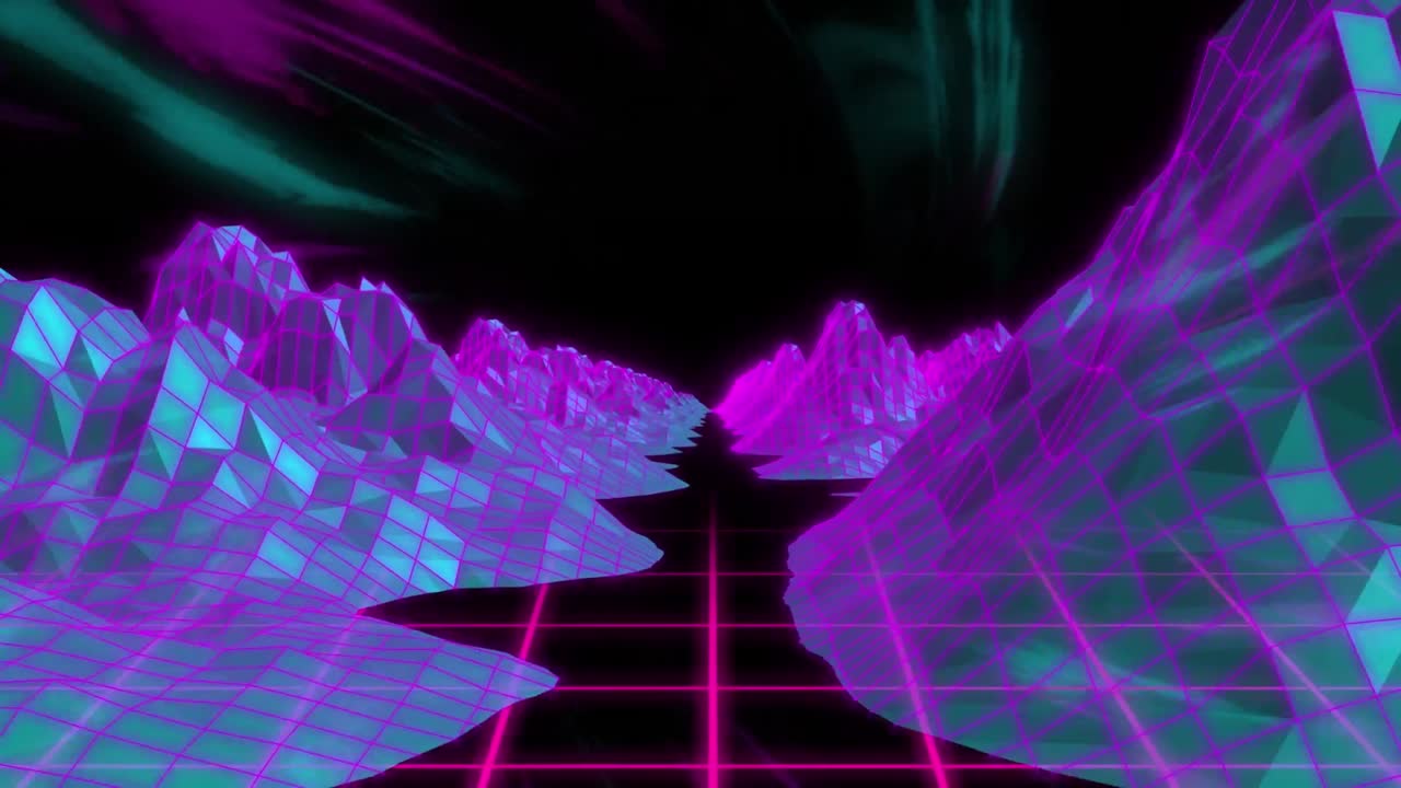 Animation of pink and blue digital landscape and grid, moving on black
