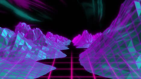 Animation-of-pink-and-blue-digital-landscape-and-grid,-moving-on-black