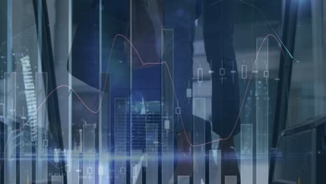 animation of financial data processing over diverse business people walking in modern office