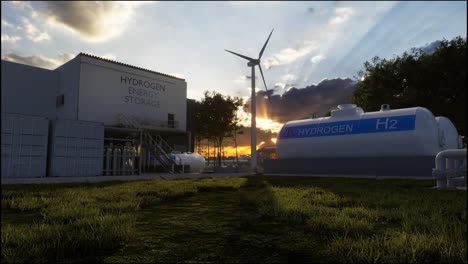 hydrogen renewable energy production - hydrogen gas for clean electricity solar and windturbine facility. 3d rendering