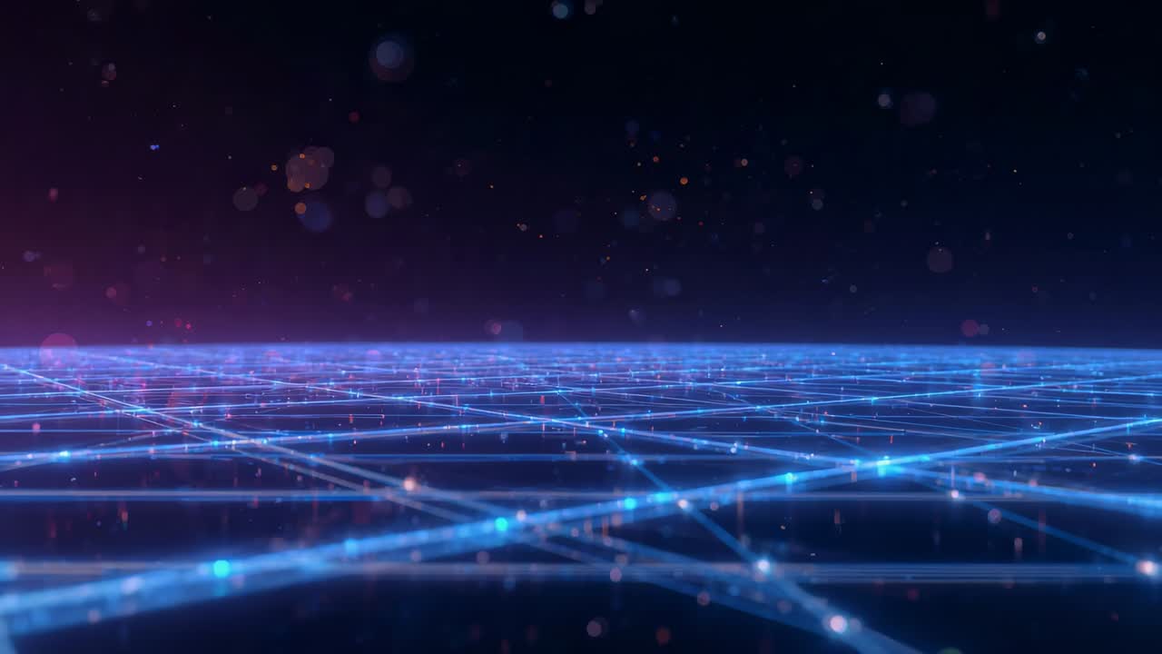 Playback starting, glowing neon grid plane pulsing lines in digital plane, nodes, bokeh drifting