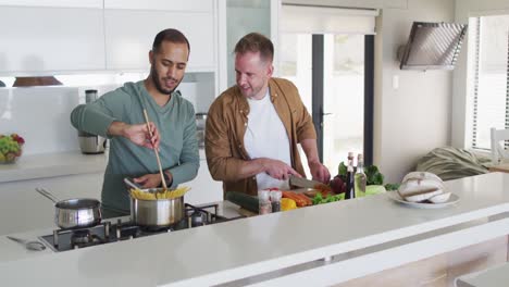 pareja de hombres homosexuales multiétnicos preparando comida en la cocina