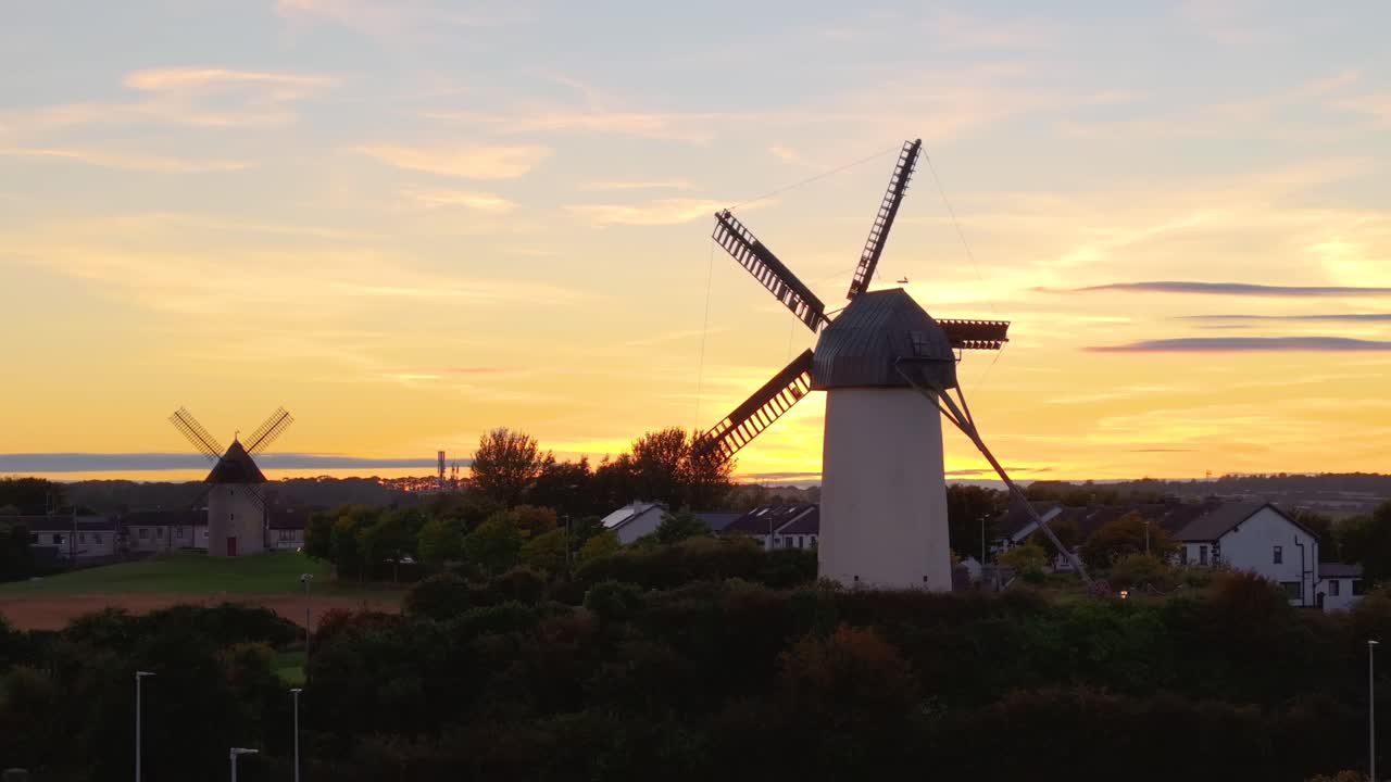 4K High-resolution drone shot of the historic Skerries windmills, at the sunset Co.Dublin, Ireland_011