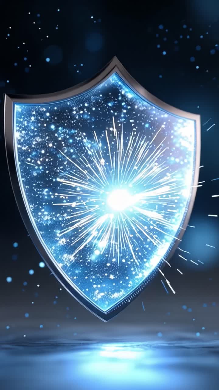 Illuminated Shield Displaying Enchanting Particle Effects and a Vivid Blue Glow in a Dark Background, Symbolizing Protection and Security in a Digital Era