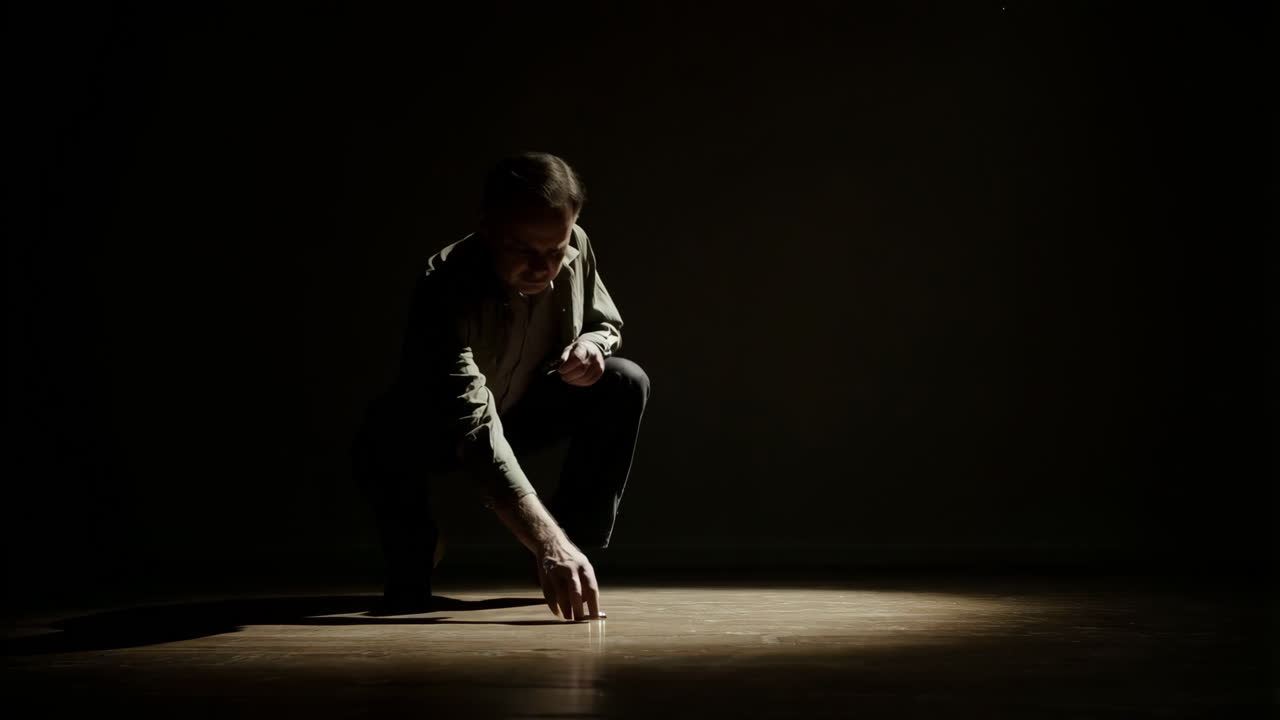 Man finds and picks up a small object under a spotlight on a dark stage
