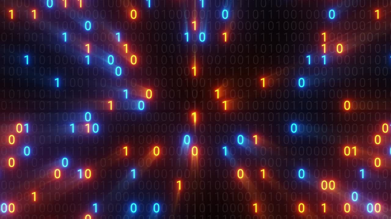 Abstract seamless blue and orange digital binary code matrix background VJ loop with flare.