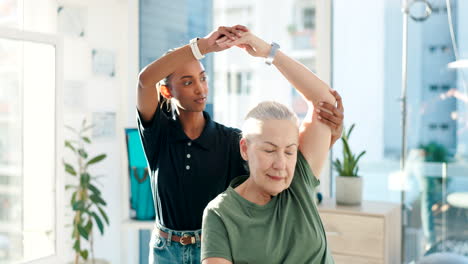 woman, physical therapy and stretching arm