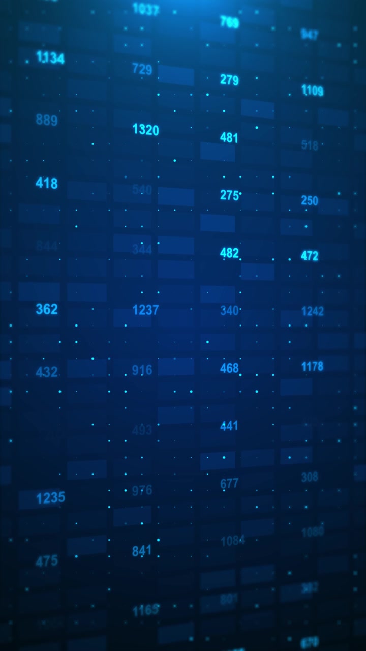 Mørkeblå analyseskærm, flydende talblokke, partikler, digital dybde, datadashboards, software
