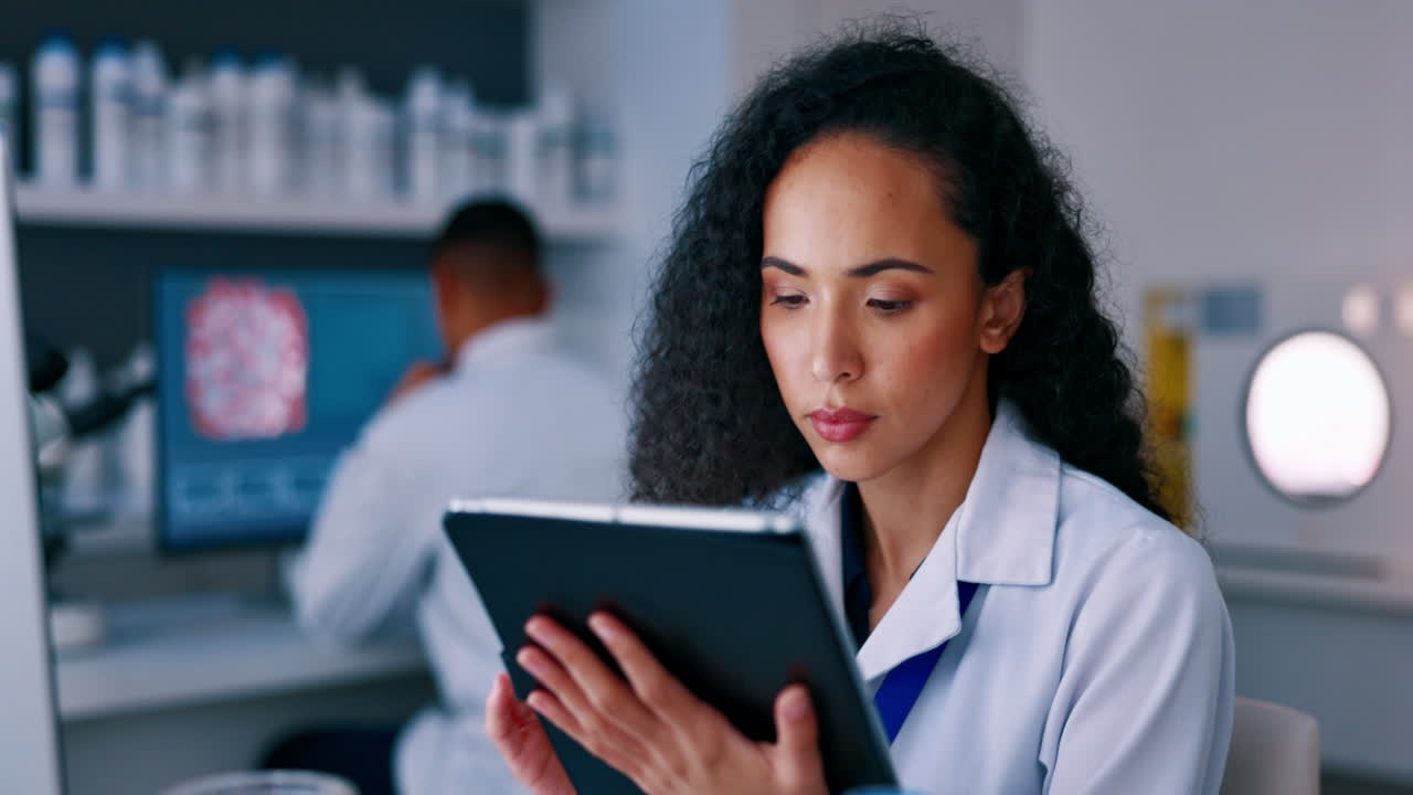 Science, lab and serious woman with tablet