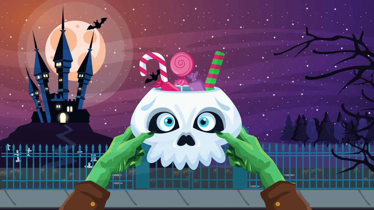 feliz halloween escena animada con frankstein levantando dulces y castillo en el cementerio