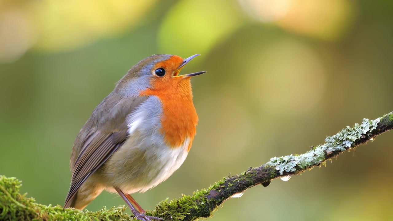 Pettirosso europeo appollaiato su un ramo muschioso
