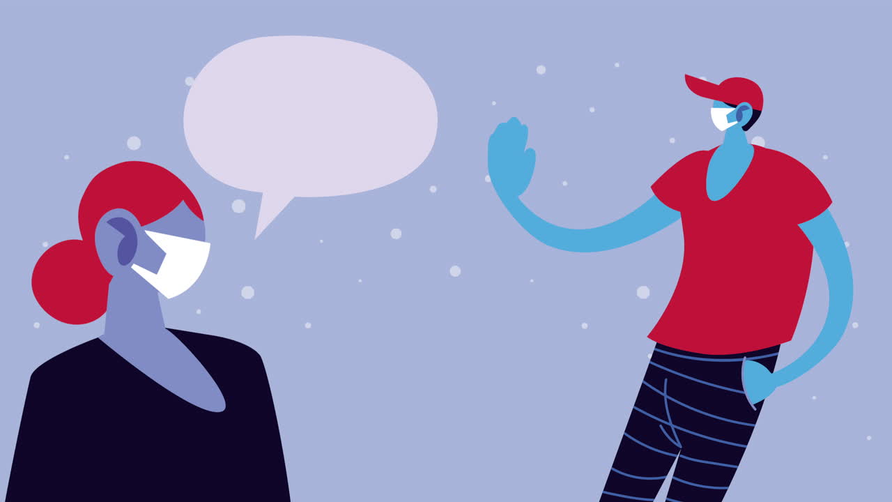 코로나19를 예방하기 위해 얼굴 마스크를 착용하는 커플과 스피치 버블