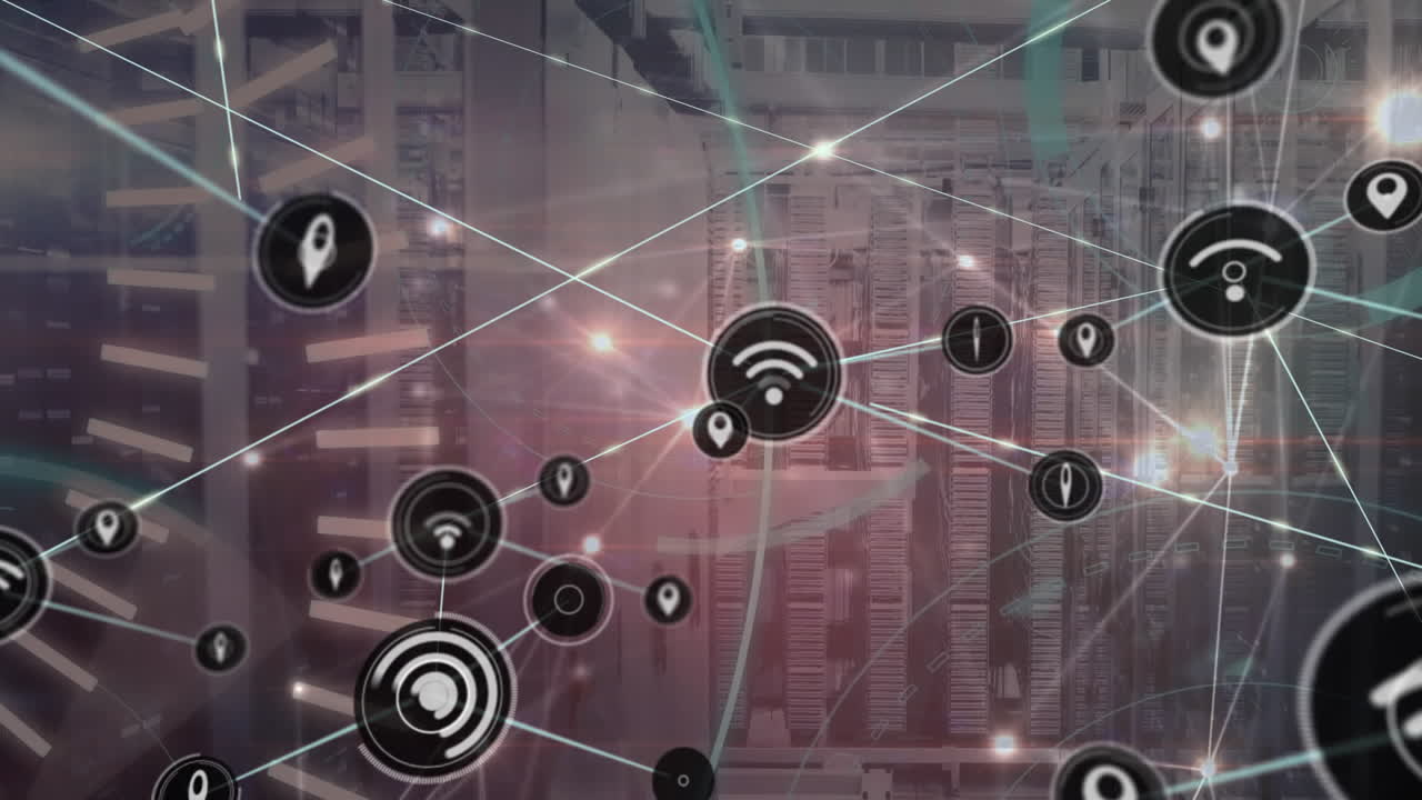 animación de la red de conexiones con iconos y procesamiento de datos a través de servidores informáticos