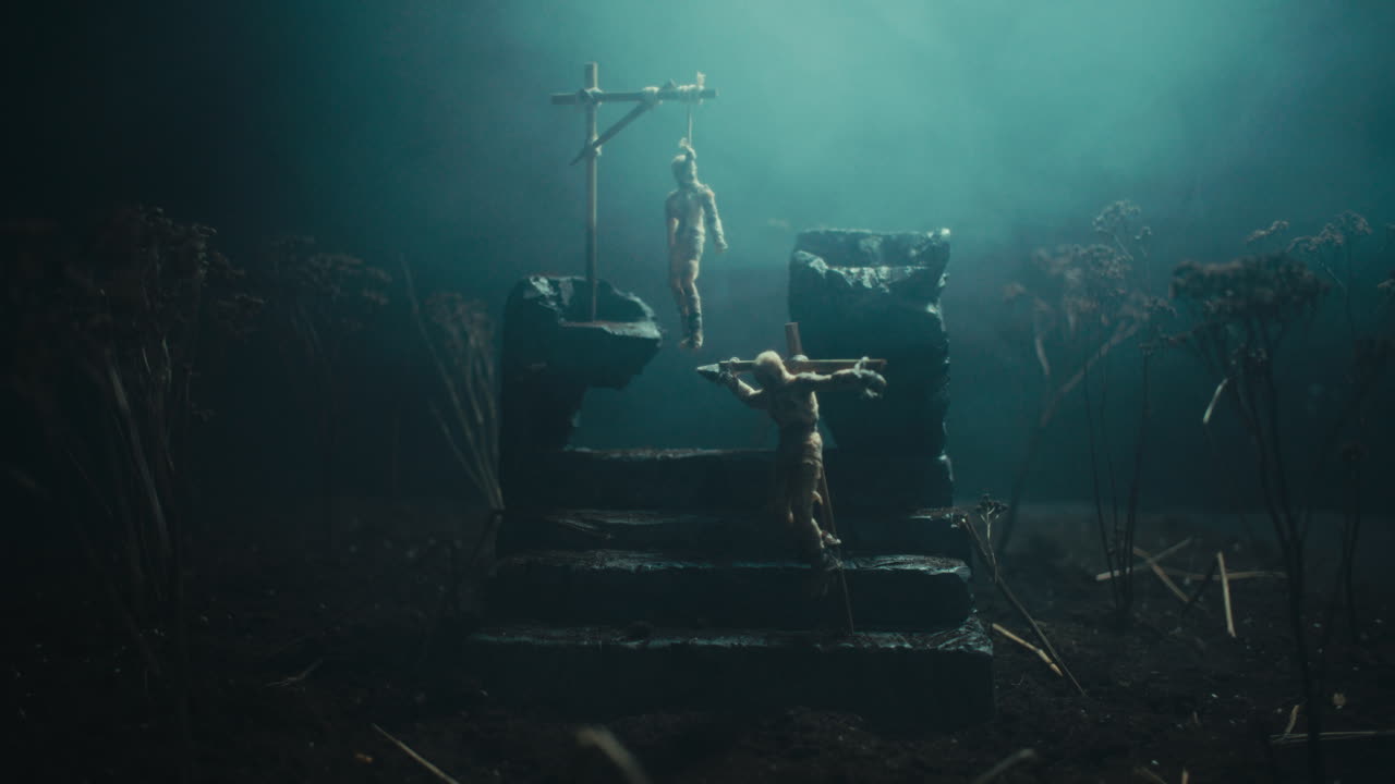 A miniature scene of the mummified dolls hanging on the gallows at night