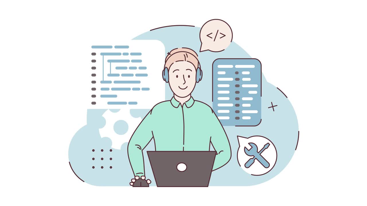 Workplace of the programmer. A programming language. Front view ...