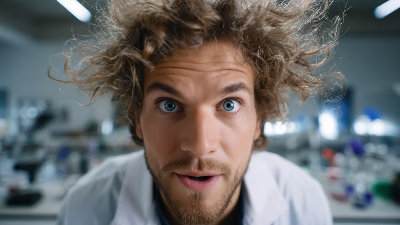 Uno scienziato con capelli ricci e selvaggi mostra una trasformazione spettacolare, dalla contemplazione curiosa all'eccitazione gioiosa, in un ambiente di laboratorio