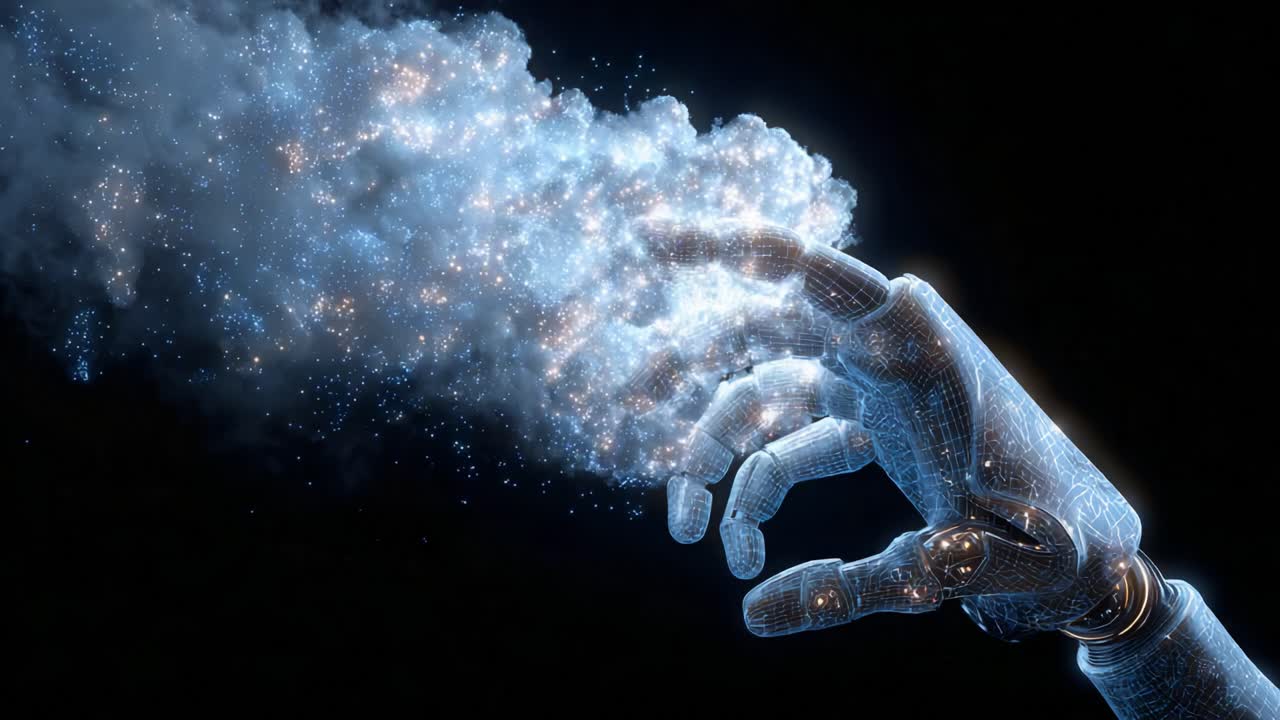 A Cybernetic Hand Reaching Toward a Mist of Light and Sparkles, Symbolizing the Intersection of Technology and Imagination, Representation of Artificial Intelligence and Digital Creativity Engaging with the Universe