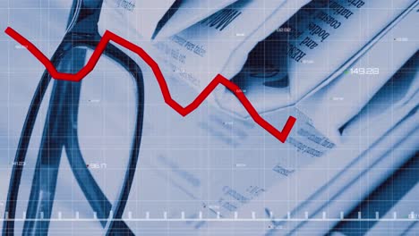 animation of graph with changing numbers over grid pattern against newspapers and spectacles