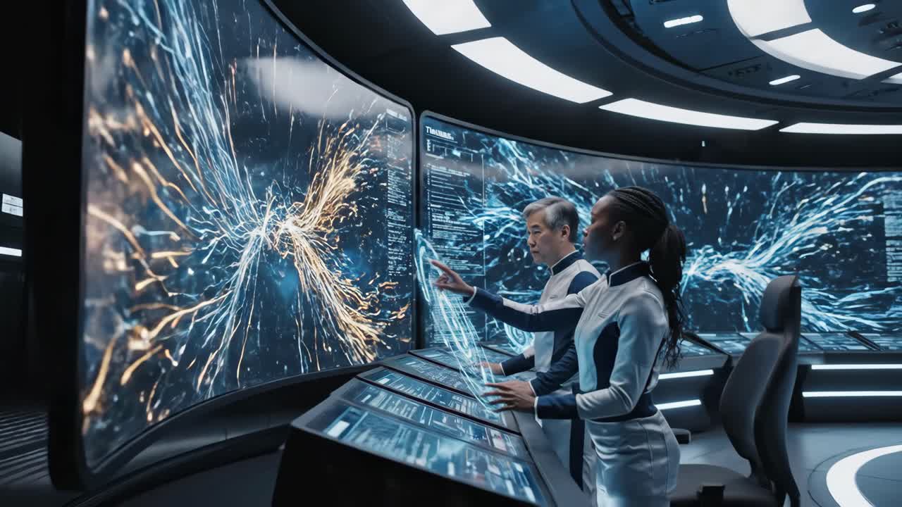 Scientists working in a futuristic control room