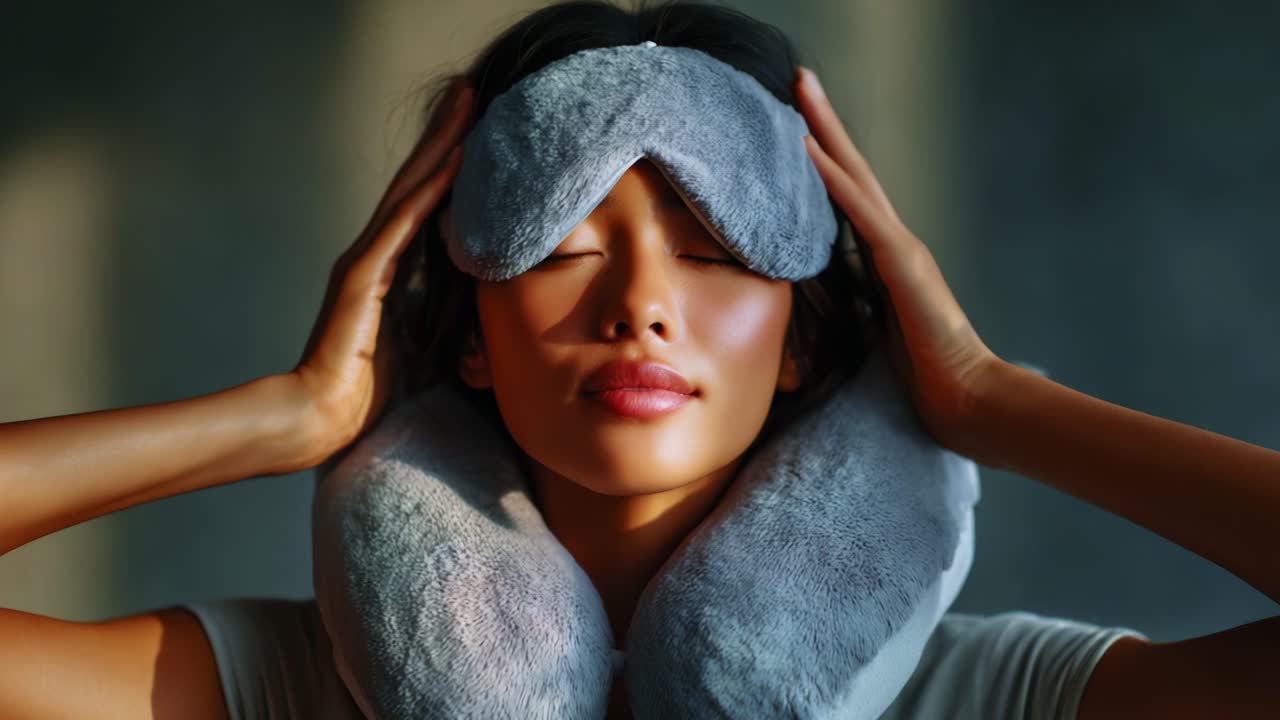 A Serene Woman Enjoying Relaxation with a Comforting Neck Pillow and Eye Mask in a Calming Environment, Perfect for Stress Relief and Rejuvenation Moments