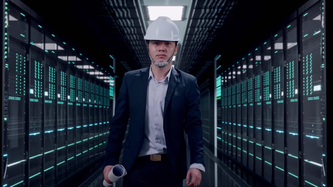 Front View of Asian Businessman Holding Blueprint While Walking in Server Room Data Center