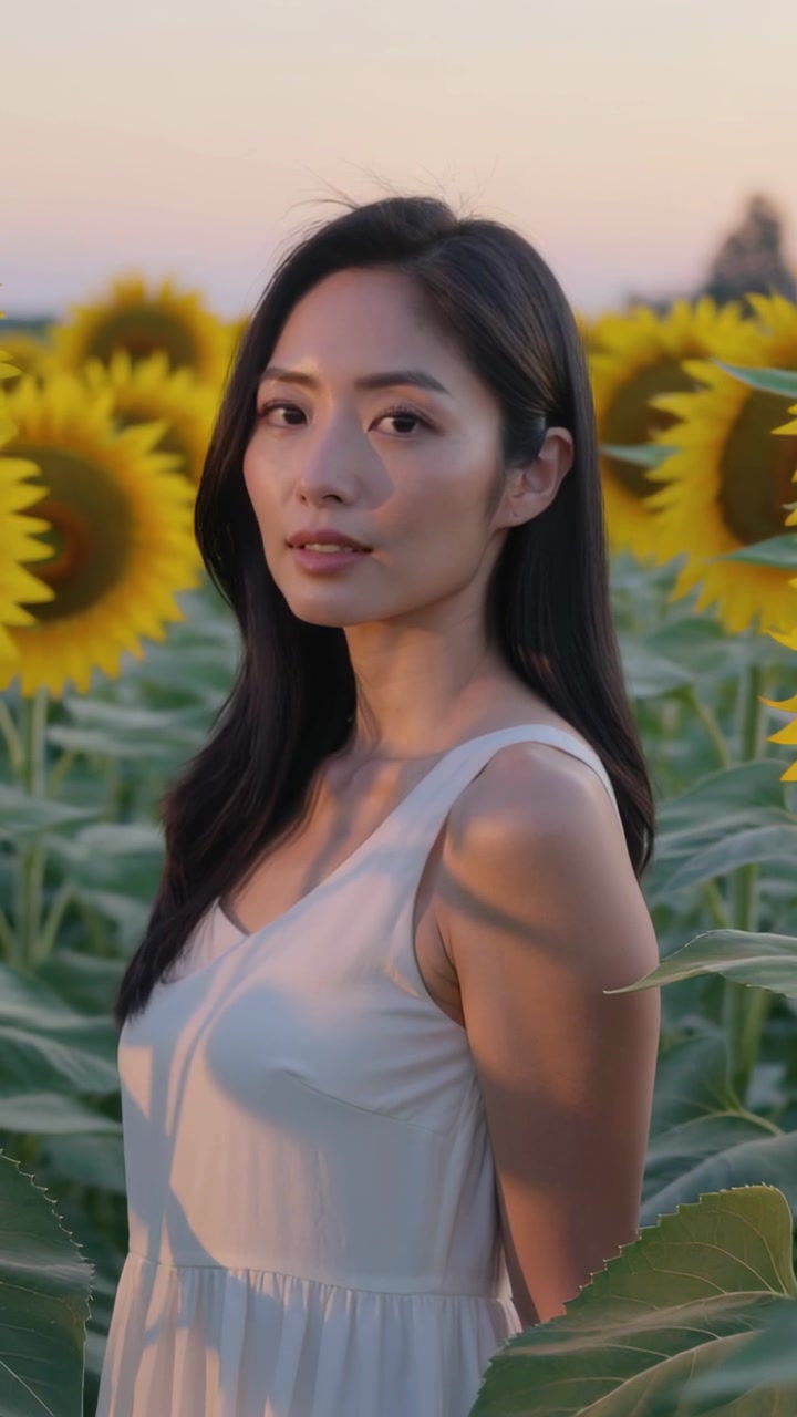 竖屏视频：身穿白色连衣裙的女性摆姿势转向镜头，镜头在向日葵花海中移动。