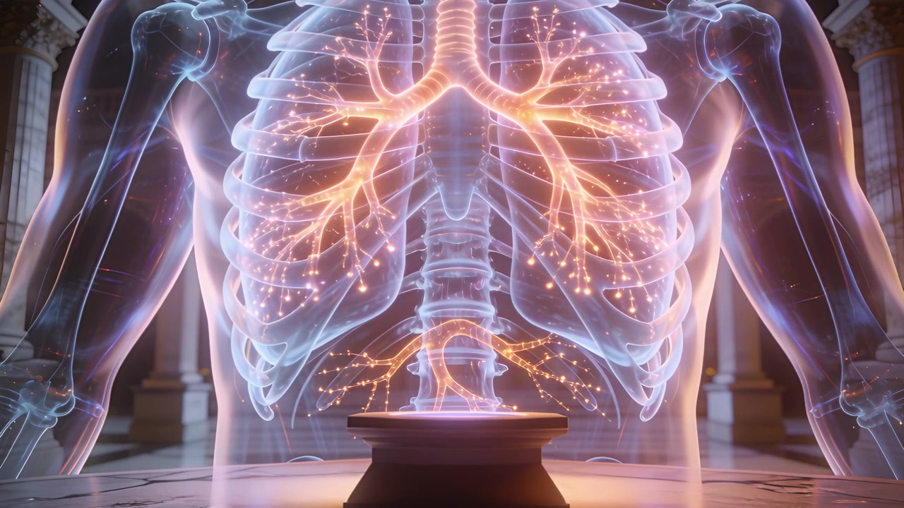 Glowing translucent torso pulsing as pedestal light intensifying in gallery, with orange bronchi