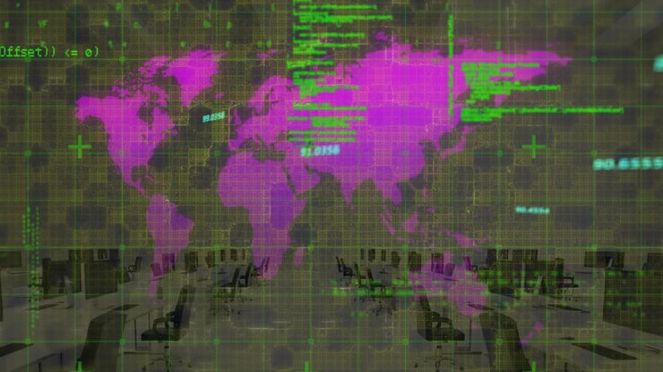Animation of data processing and world map over office