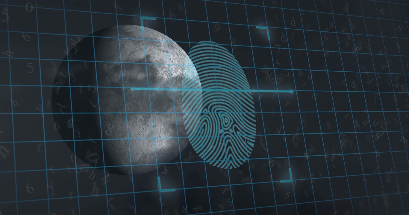 Animation of biometric fingerprint scanner over grid network and moon against grey background
