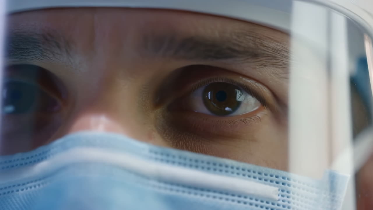 Occhi di chirurgo in primo piano dietro maschera e visiera, sguardo intenso e concentrato durante una procedura sterile in sala operatoria.