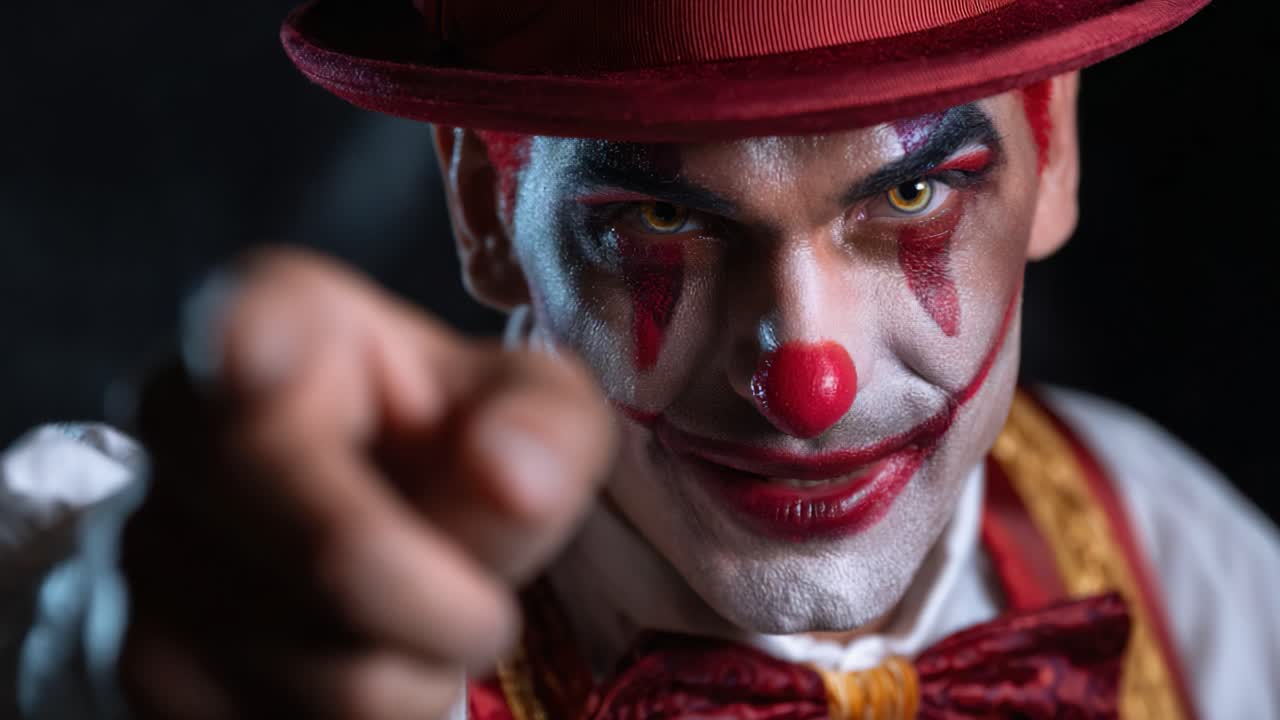 A Menacing Clown Points Directly, Capturing the Essence of Fear and Intrigue in a Mysterious Atmosphere with Striking Facial Expressions and Costume Details