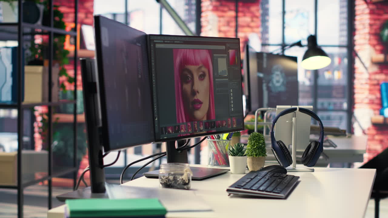 Modern office workspace equipped for digital design and photo editing