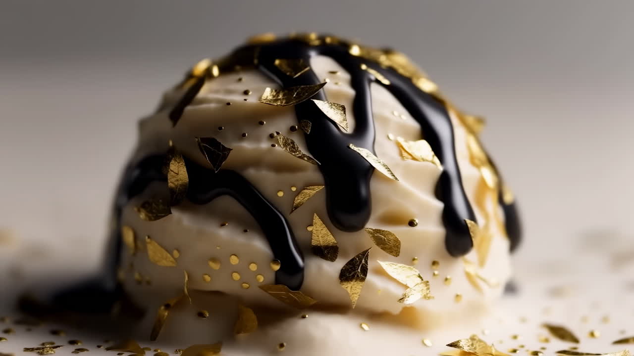 Bola de sorvete extravagante com calda de chocolate e flocos de ouro