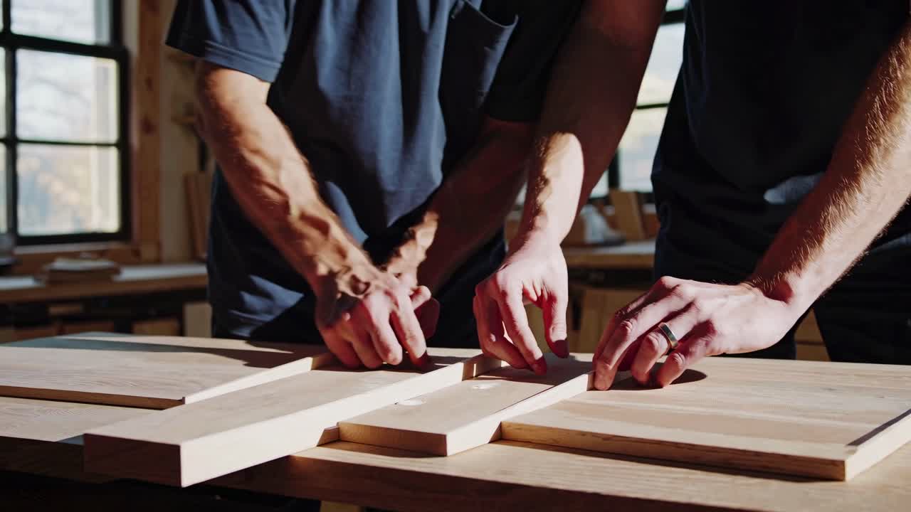 Close-up video shot of two people assembling wooden pieces on a table, showcasing teamwork