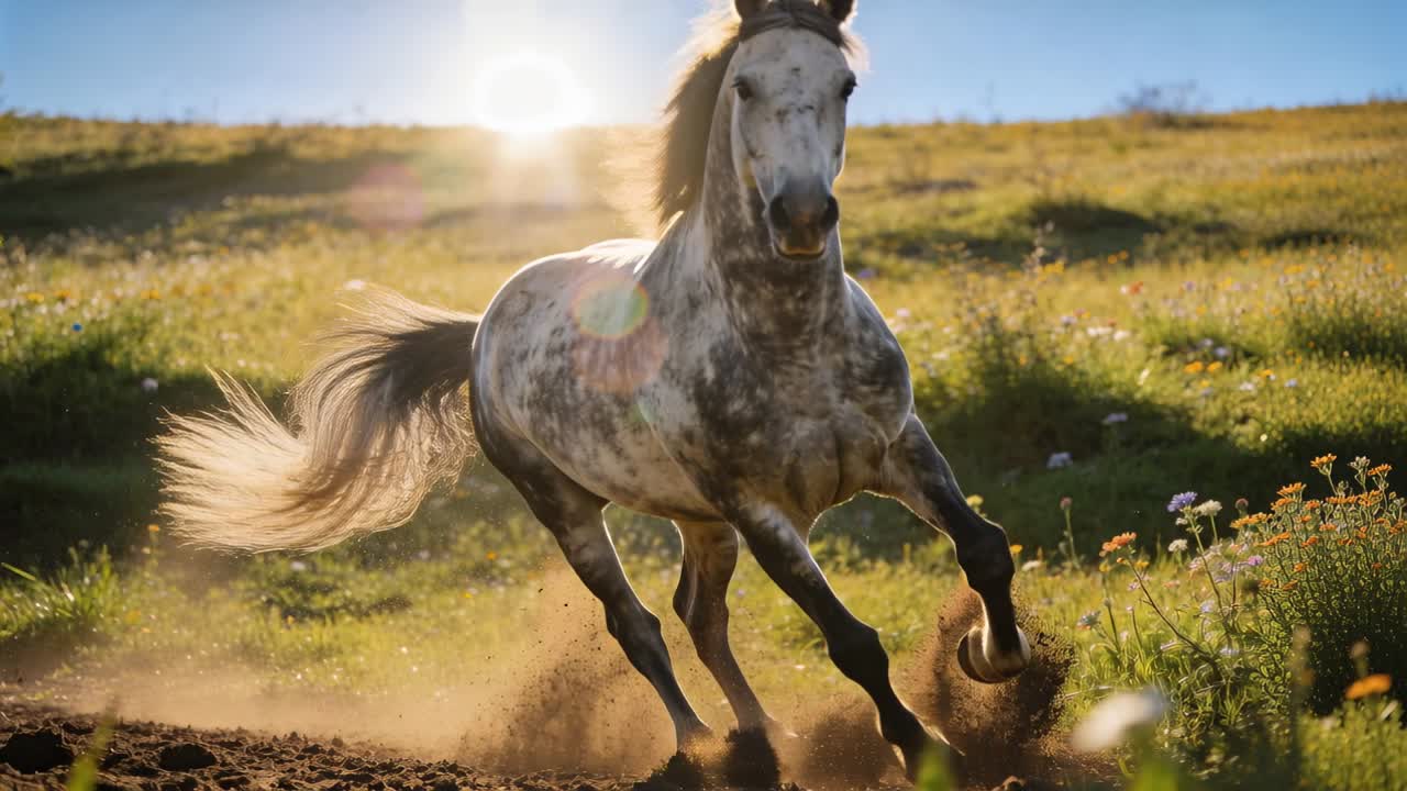 Travende gråspraglet hest stormer mod kameraet på en solbeskinnet græsskråning, hvirvlende støv op.