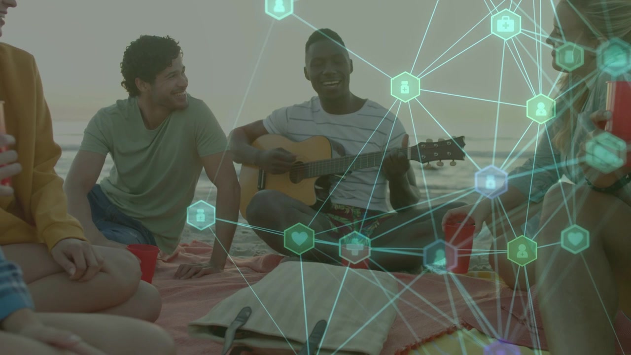 Guitarist starting song on beach, entertaining group with red cups while tech overlay appearing