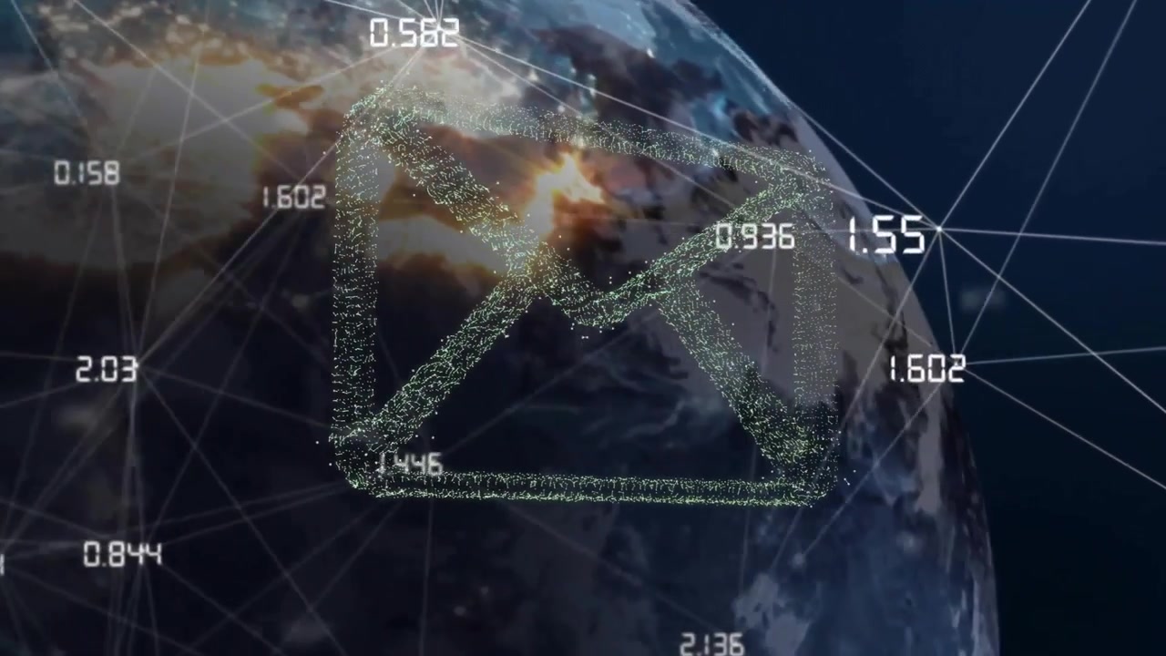 Earth rotating, values and lines emerging into envelope then dispersing showing global network