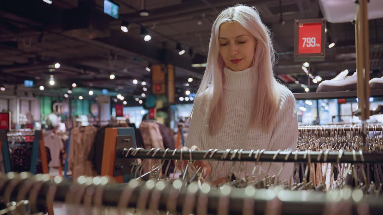 Calm focused lady browsing rack of pants selecting white pair with hanger running fingers over fabric assessing fit and quality in modern boutique setting with soft lighting and minimal decor