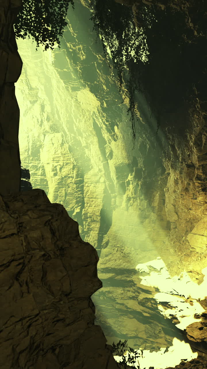 Grotta con luce che filtra attraverso le fessure e illumina la superficie rocciosa