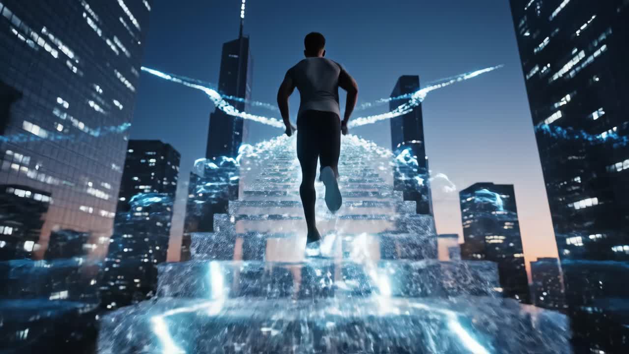 Man Running Up Digital Stairs in Futuristic City