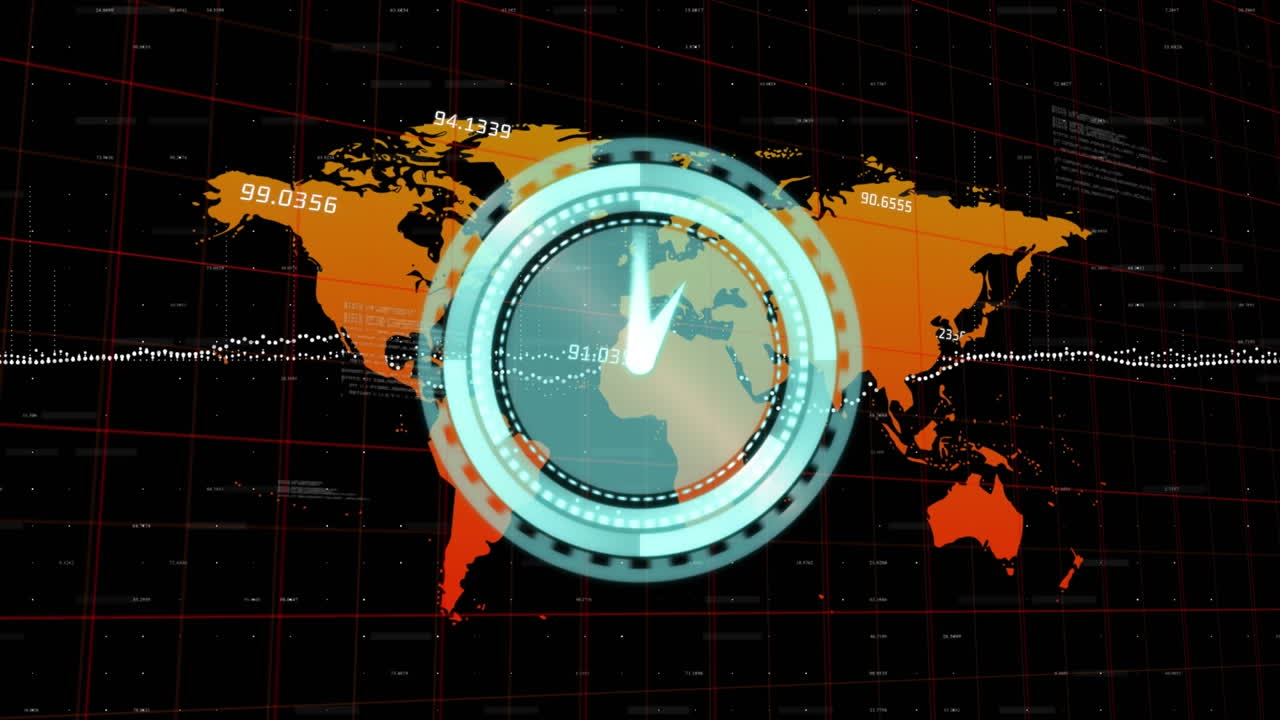 reloj de neón y múltiples números cambiantes flotando sobre el mapa del mundo contra un fondo negro