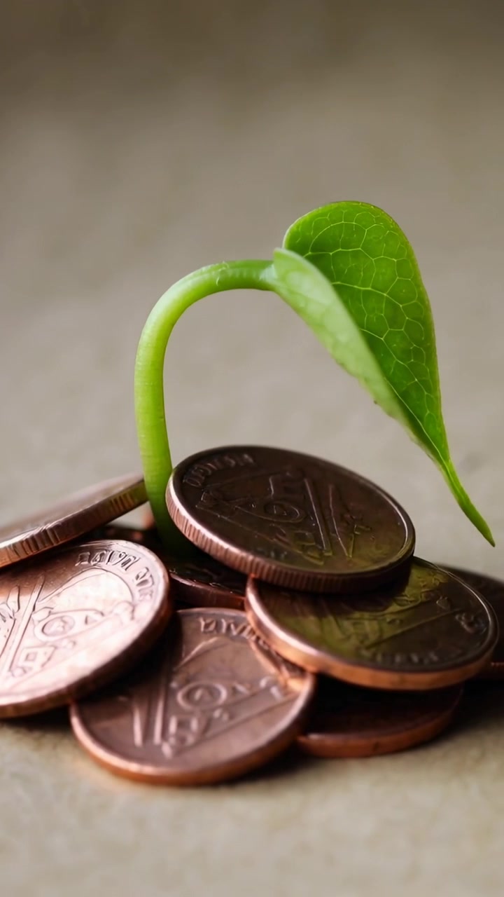 Vertical video: Sprouting seedling pushing up from copper coins on tabletop, leaf seeking light